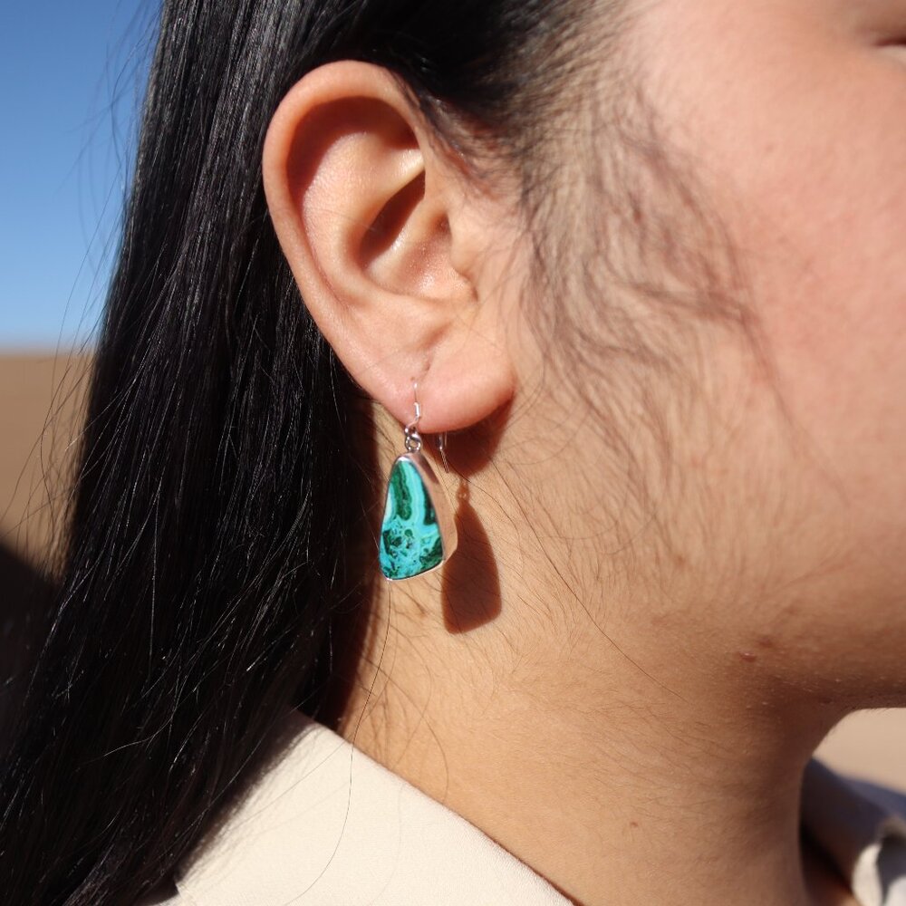 Navajo Malachite & Chrysocolla Dangle Earrings Native American Sterling Silver**